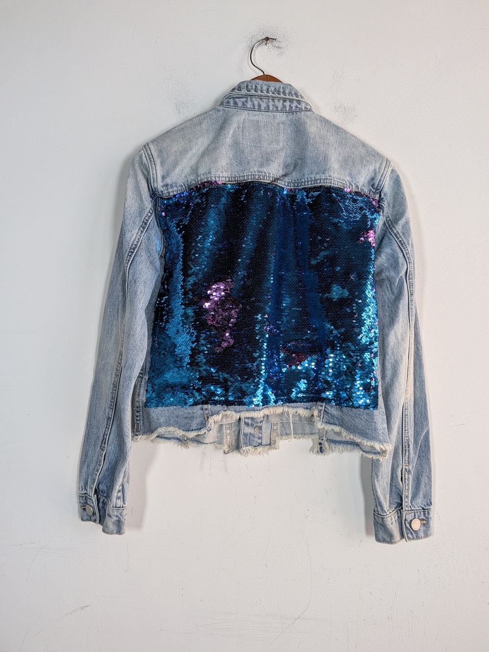 BlankNYC Blue Sequin Back Distressed Denim Jacket, Size M